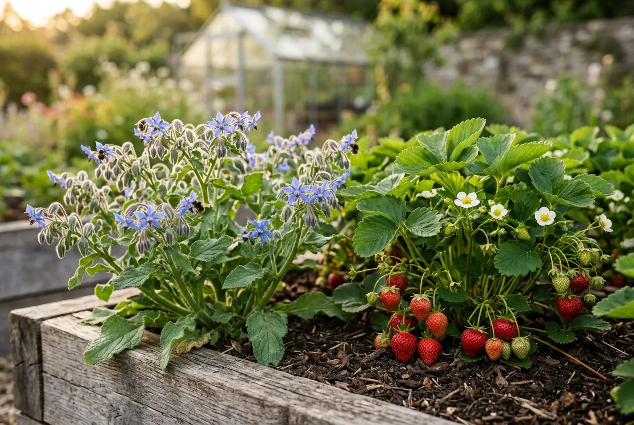 Borage growing as a companion plant next to ripe strawberries in a UK kitchen garden raised bed
