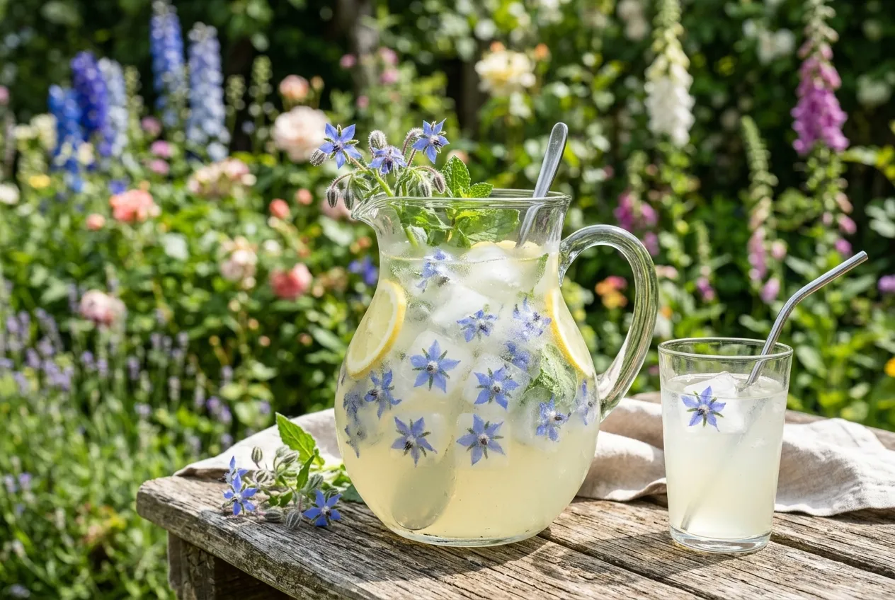 Borage flowers frozen in ice cubes inside a glass pitcher of lemonade on a garden table