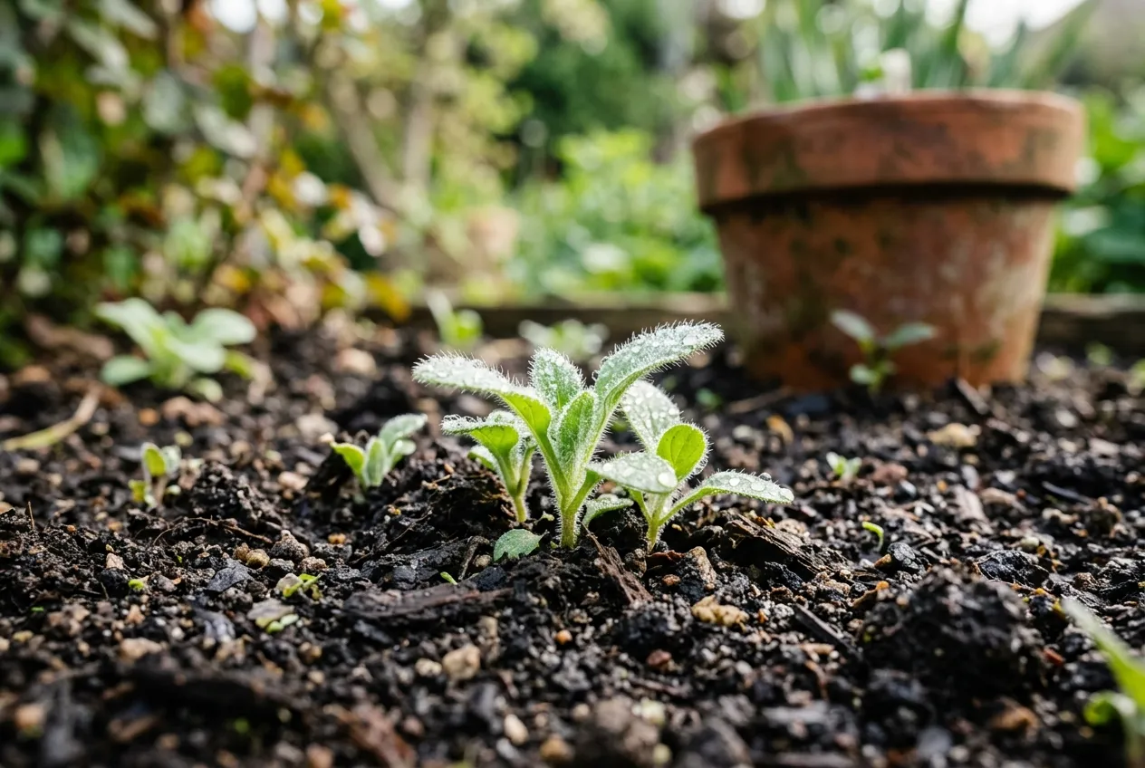 Borage seedlings emerging from dark soil in a UK garden with fine hairy leaves and morning dew