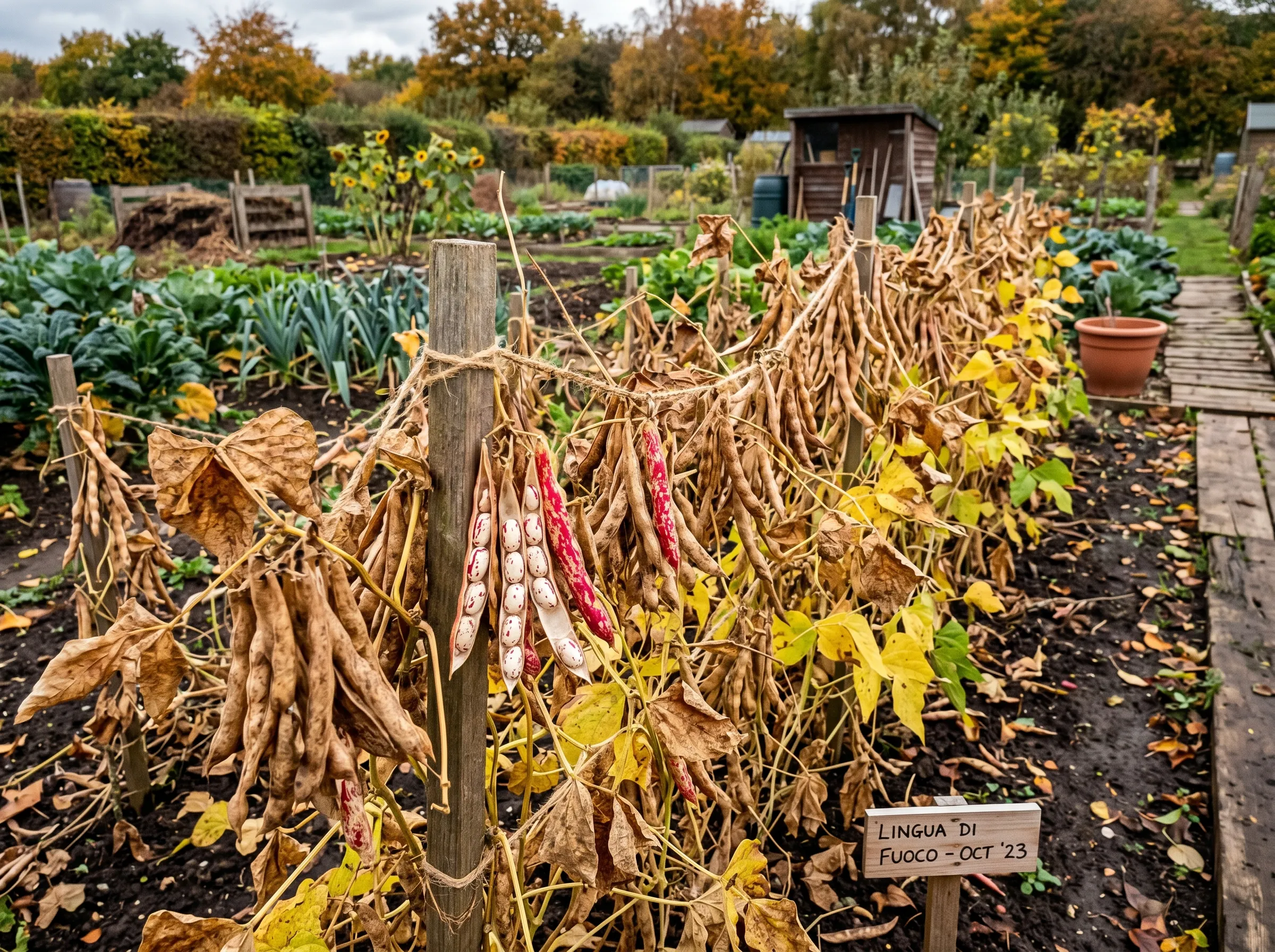 UK allotment row of Borlotti Lingua di Fuoco beans in autumn with brown drying pods on the vine, cream-and-red speckled mature beans visible in split-open dried pods, the foliage yellowing