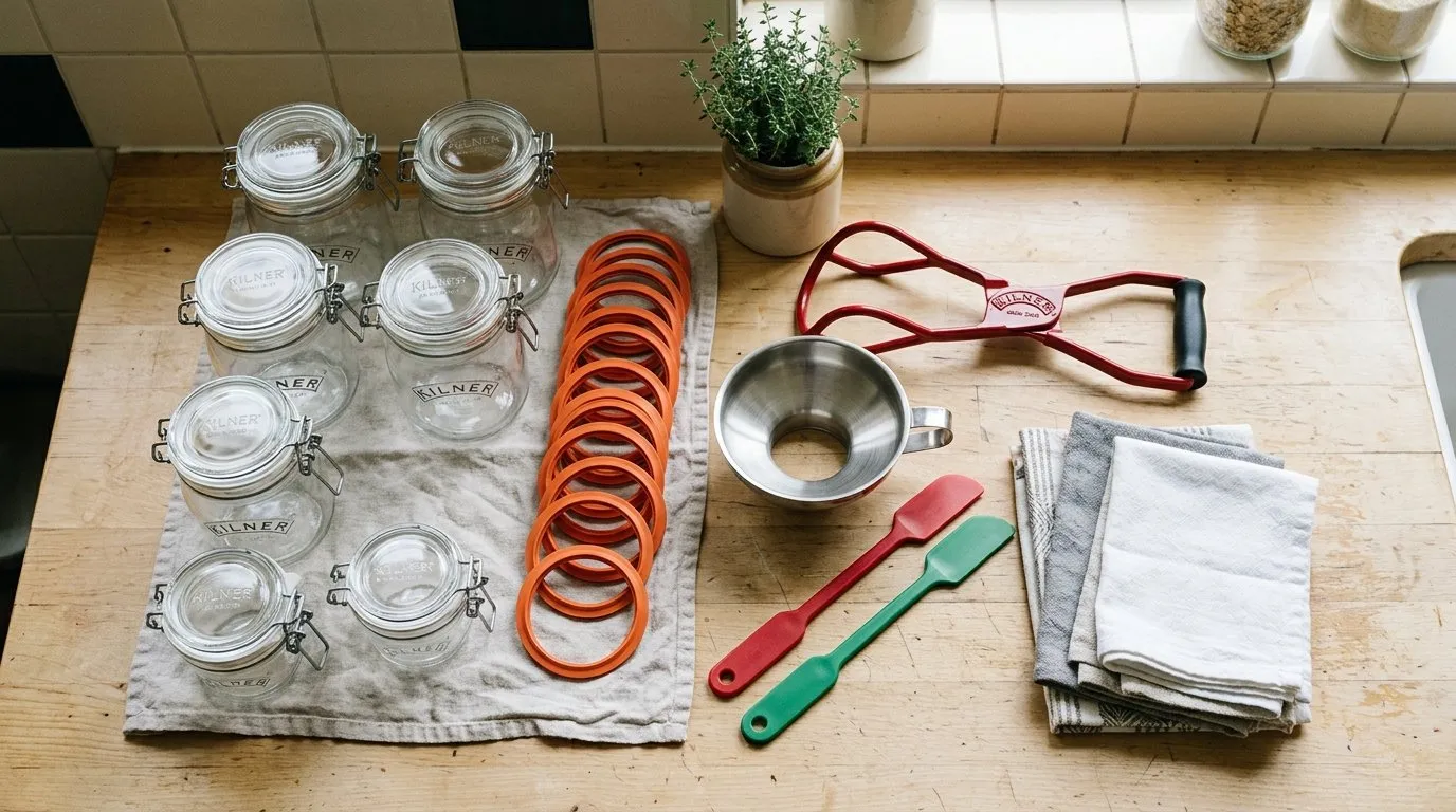Canning equipment laid out on a kitchen worktop including Kilner jars, rubber seals, jar lifter, and funnel