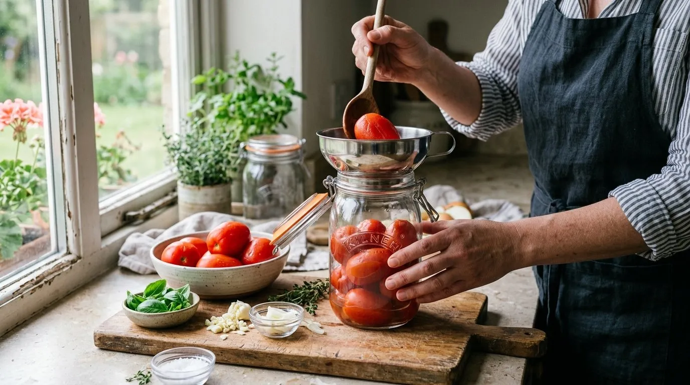Hands filling a glass Kilner jar with blanched tomatoes using a wide-mouth funnel