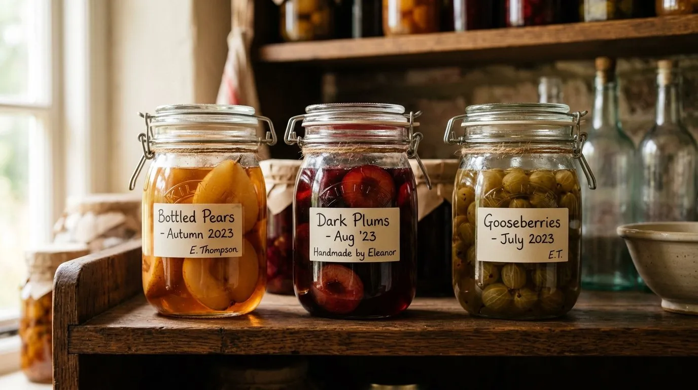 Sealed glass jars of bottled pears, plums, and gooseberries on a pantry shelf with handwritten labels