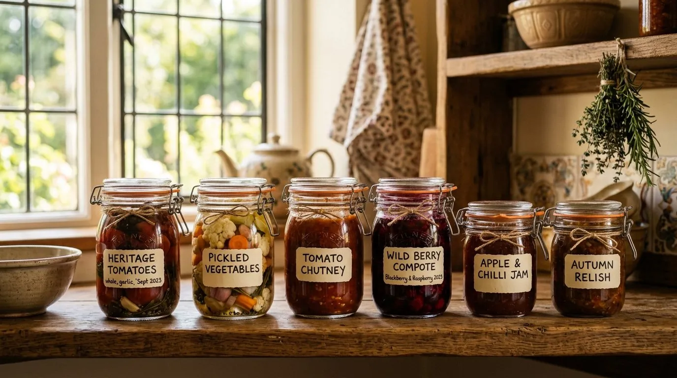 Glass Kilner jars of bottled tomatoes, pickled vegetables, and fruit preserves on a wooden kitchen shelf in a British country kitchen