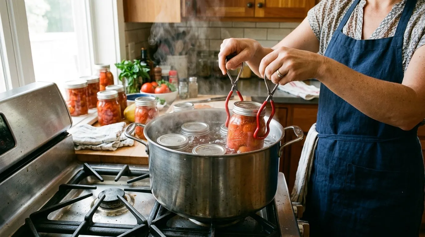 Glass preserving jars being processed in a large stockpot water bath with steam rising