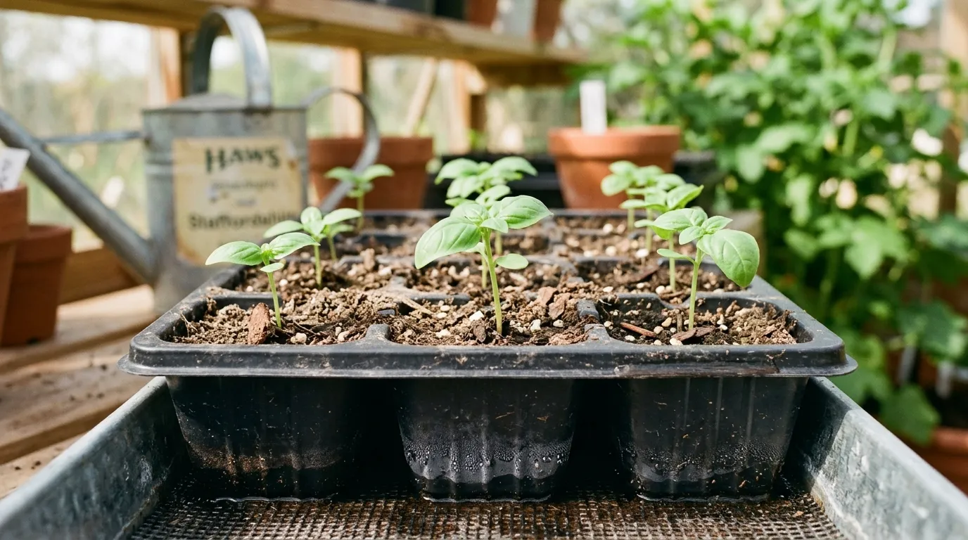 Close-up of basil seedlings in module tray with dry top surface and visibly moist compost lower down, no algae