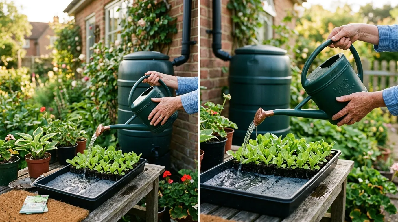 Hand pouring rainwater from a UK water butt into a capillary mat tray with lettuce seedlings on top