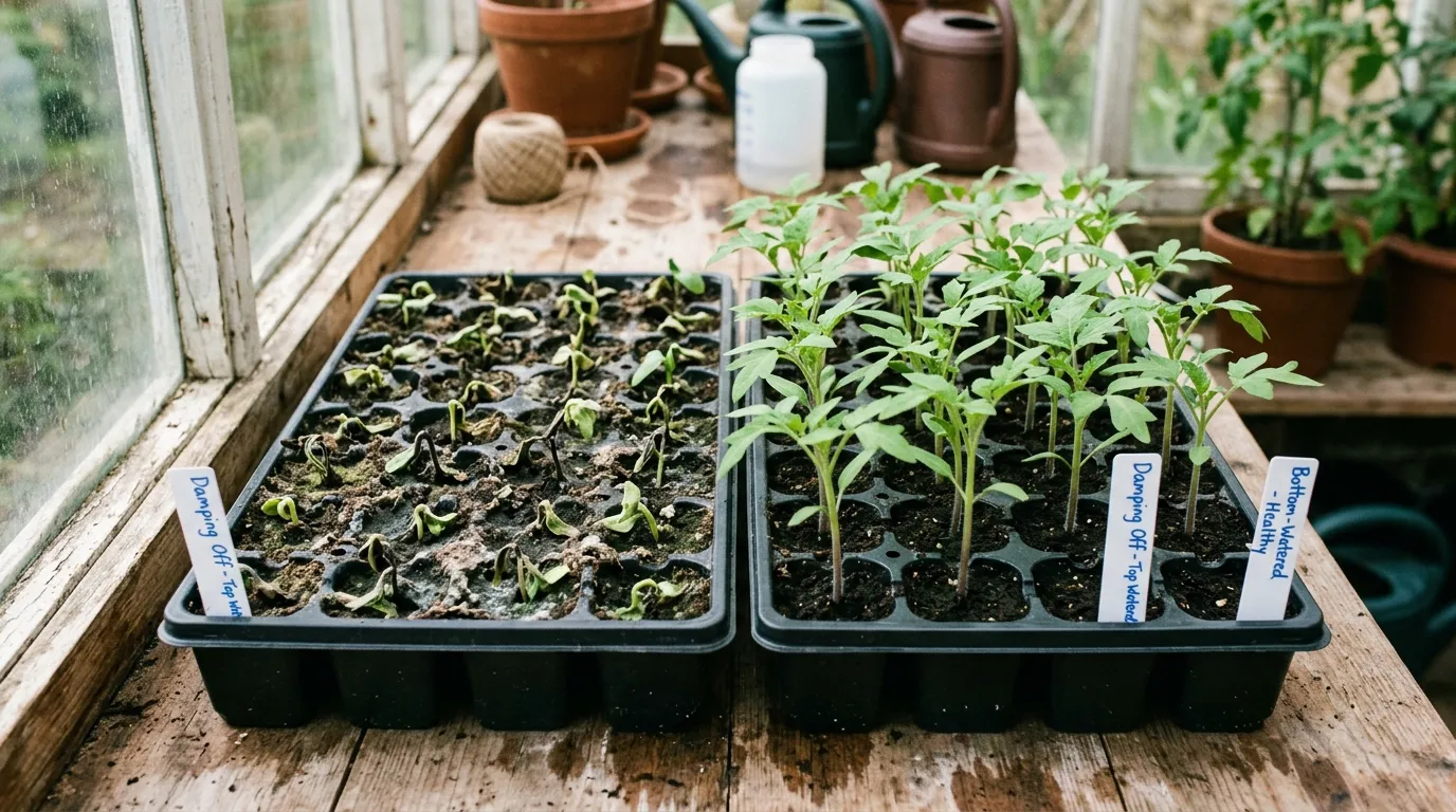 Side by side comparison of basil seedlings with damping off collapse on the left and healthy bottom watered seedlings on the right