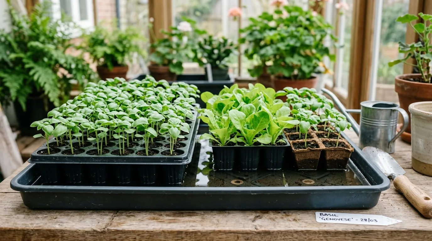 Multiple plug trays of basil and lettuce seedlings soaking in 1cm of rainwater on a UK propagation bench in late May
