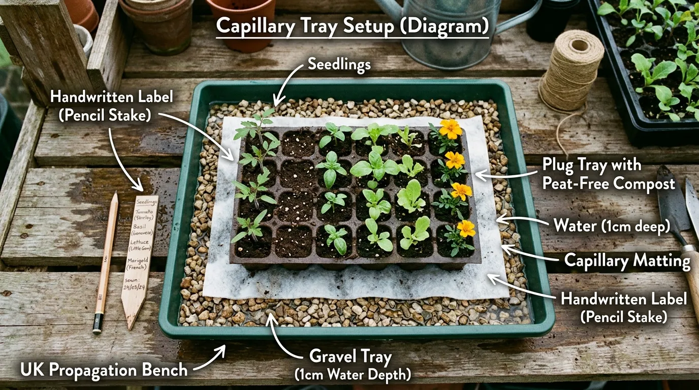 Capillary tray setup with a gravel base tray under a plug tray of basil and lettuce seedlings on a UK propagation bench