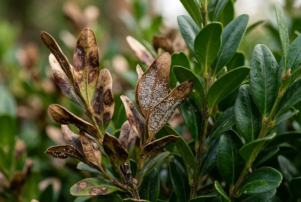 Close-up of box blight disease showing brown patches and white fungal spores on buxus leaves