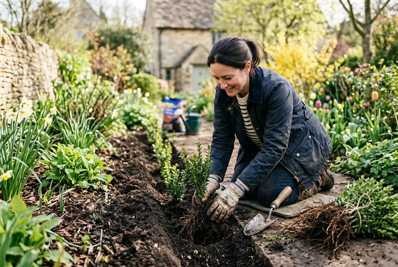 Planting young box buxus hedge plants in a UK garden border