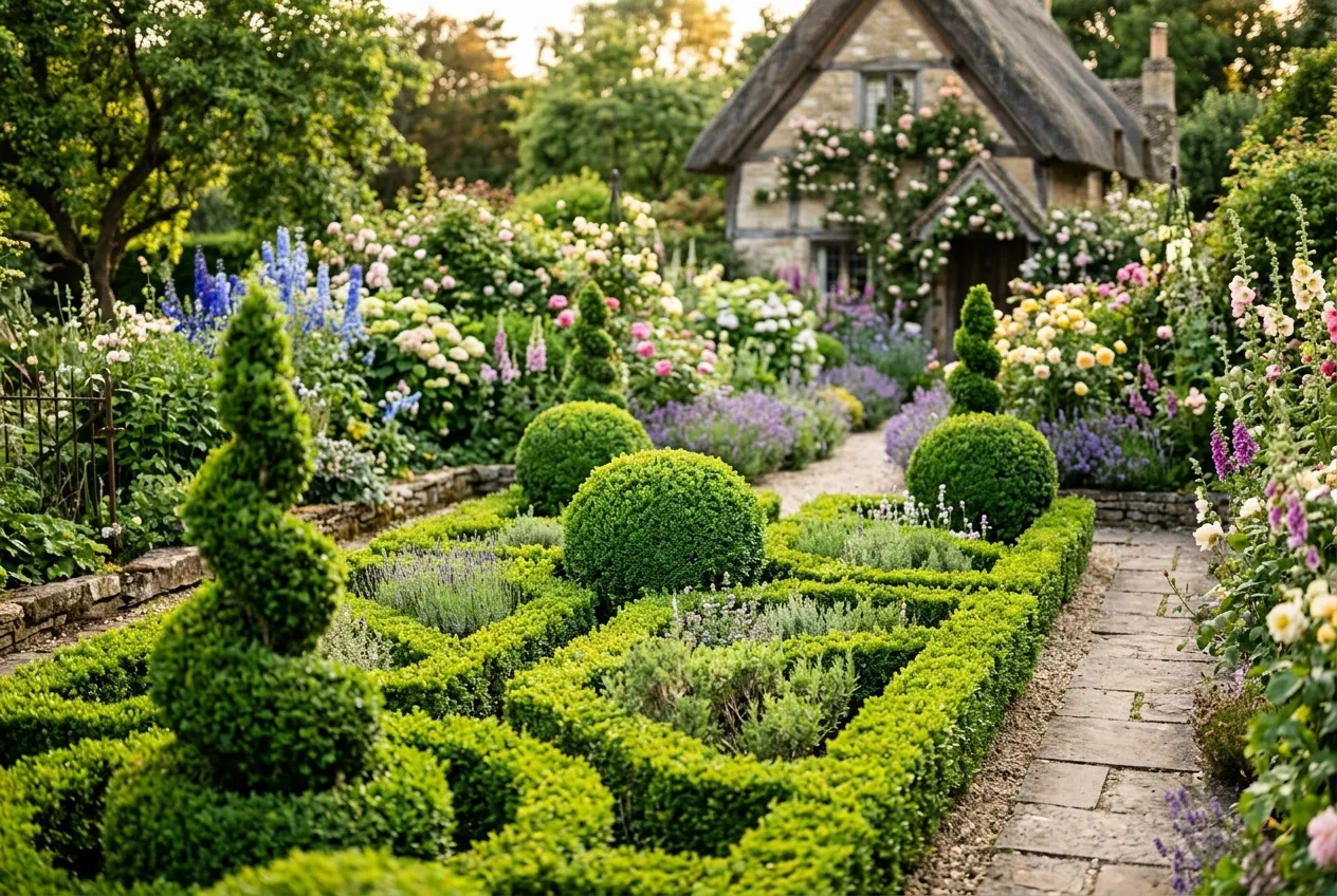 Box buxus topiary spheres and spirals in a traditional English cottage garden