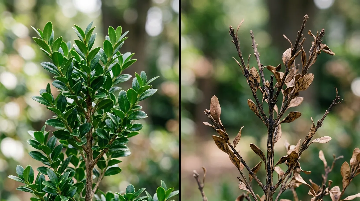 Side-by-side comparison of healthy Ilex crenata foliage and diseased box (Buxus sempervirens) with bare brown stems