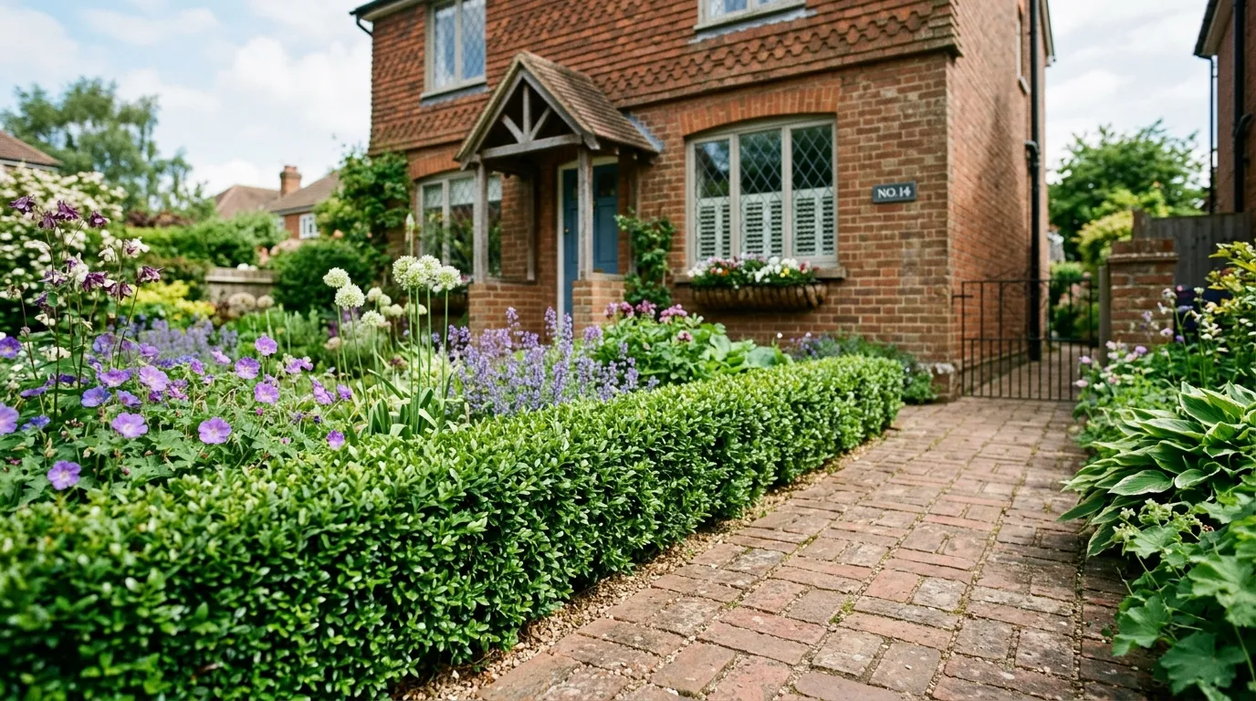 Low evergreen hedge of Euonymus japonicus Jean Hugues bordering a UK suburban front garden