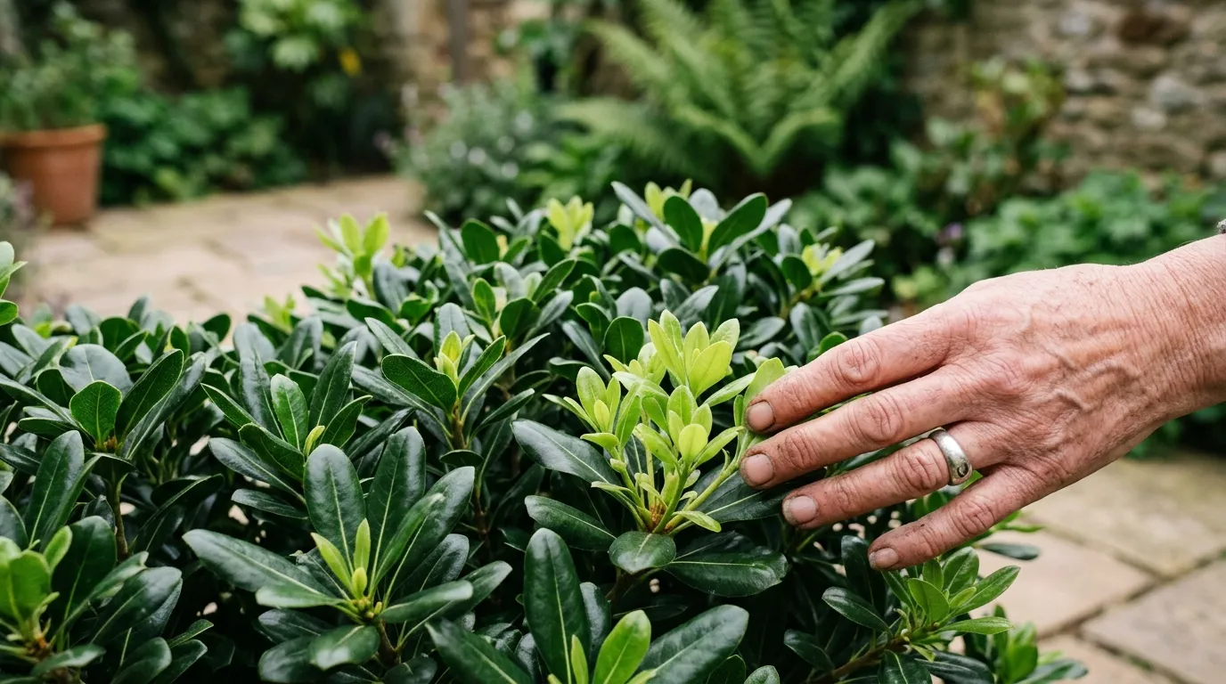 Close-up of new growth on a young Pittosporum tobira Nanum hedge in a UK courtyard garden