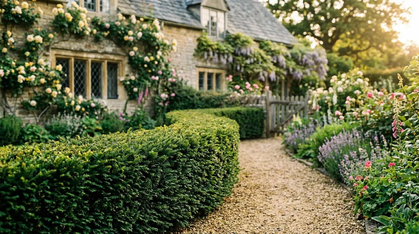 Dwarf yew Taxus baccata Repandens hedge edging a UK Cotswold cottage garden path