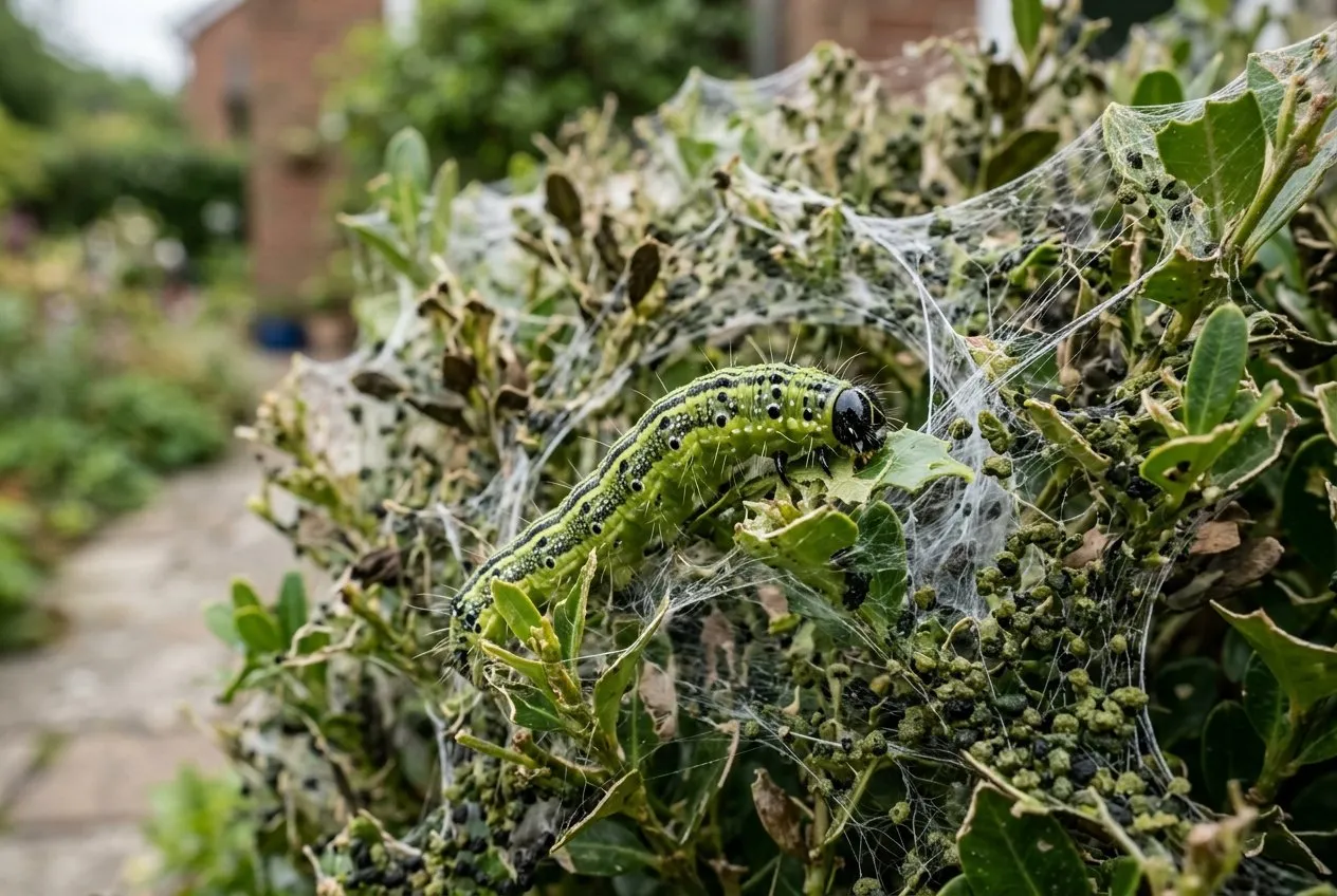 A box tree moth caterpillar with black and green stripes feeding inside white silk webbing on a buxus plant in a UK front garden