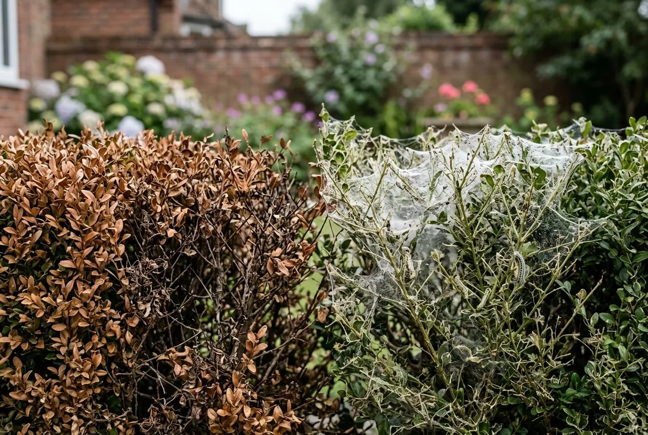 A diagnostic comparison of two UK box hedge sections, the left showing brown blight dieback and bare stems, the right showing caterpillar webbing and stripped leaves, photographed in a suburban garden