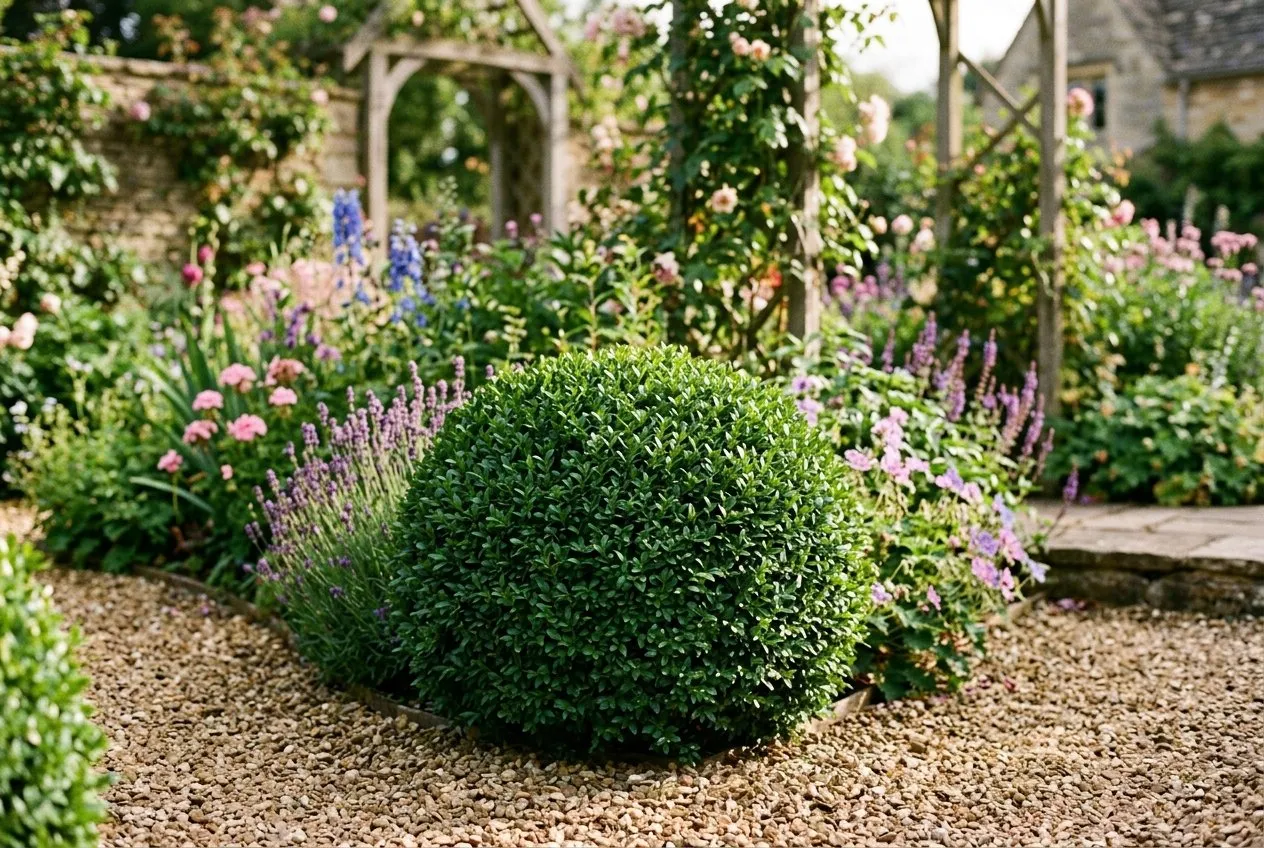A healthy clipped box ball with dense glossy green foliage in a UK cottage garden, photographed as a contrast to diseased box