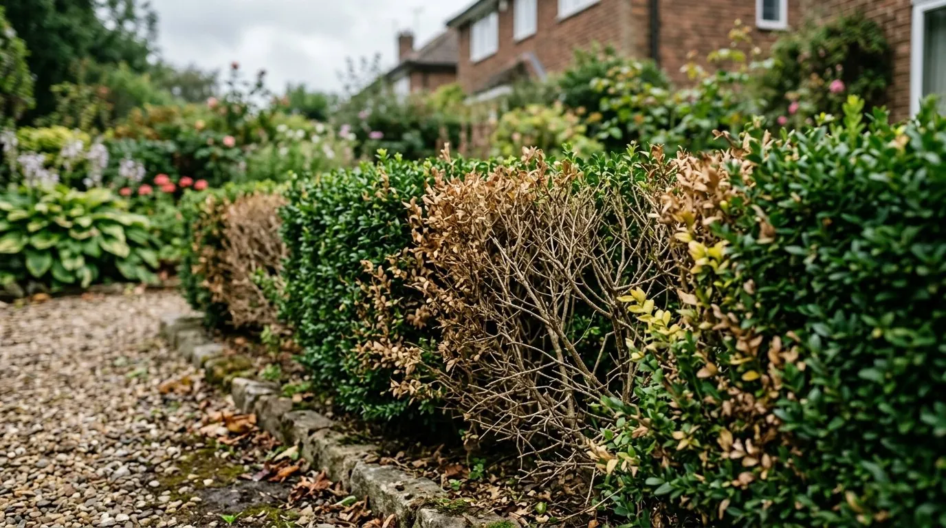 A formal clipped box hedge in a UK garden showing large brown dieback patches and bare stems against the healthy green growth, a diagnostic view of a dying box hedge