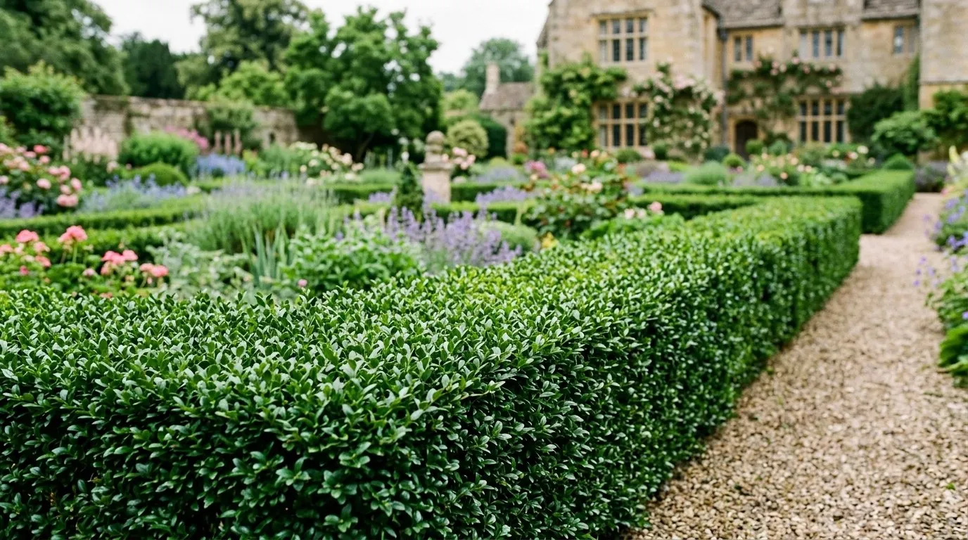 A neatly clipped Ilex crenata low hedge in a formal UK garden parterre, shown as a healthy box alternative immune to blight and moth
