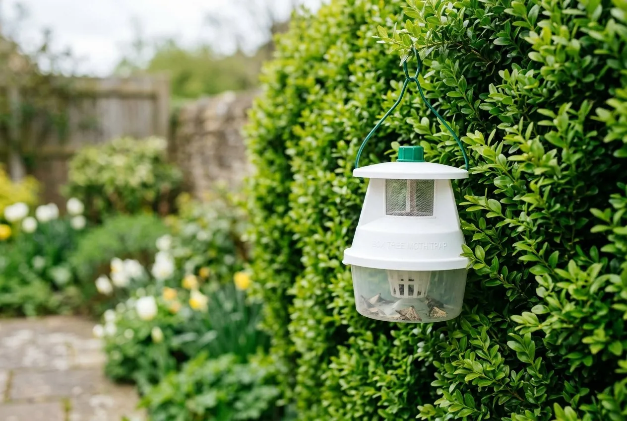 A white box tree moth pheromone trap hanging in a green box hedge in a UK garden, used to monitor and time treatment