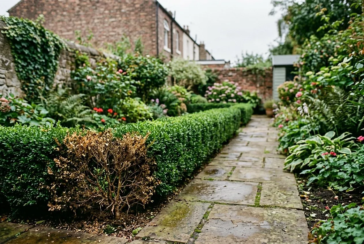 A suburban box edging hedge with brown dieback at one low corner beside a garden path, illustrating localised scorch and dog-urine damage rather than disease