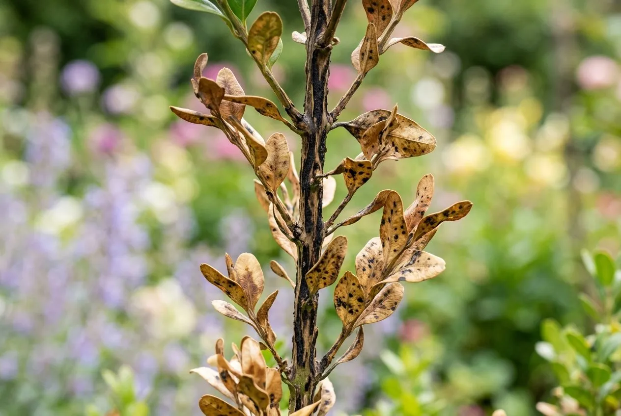 A close-up macro of a UK box stem showing the dark black streaks of box blight running along the green bark with bronzed dying leaves attached