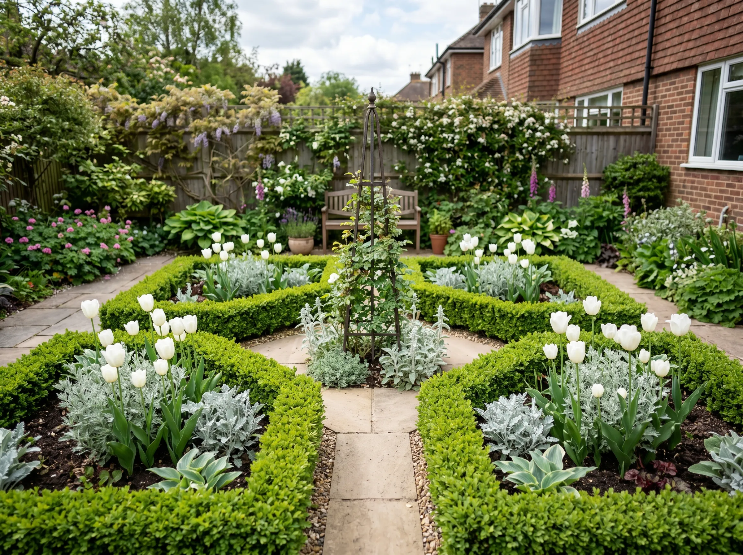 UK suburban garden bed showing a small Sissinghurst-style box parterre, low Buxus hedges defining four small geometric beds with white tulips and silver foliage emerging, a small obelisk at the centre, scaled down for a typical UK back garden plot