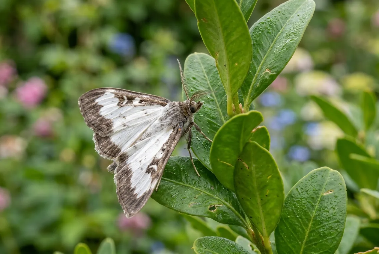 Adult box tree moth showing white wings with brown borders resting on a box leaf in a UK garden