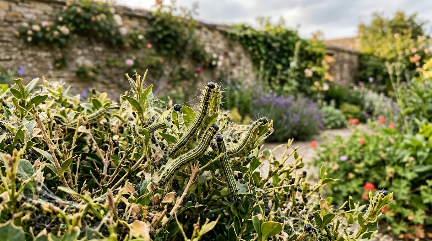 Box tree moth caterpillars feeding on a buxus hedge showing webbing and bare patches in a UK garden