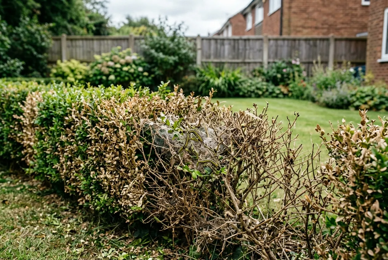 Box hedge showing severe box tree moth caterpillar damage with brown skeletal leaves and bare stems in a UK garden