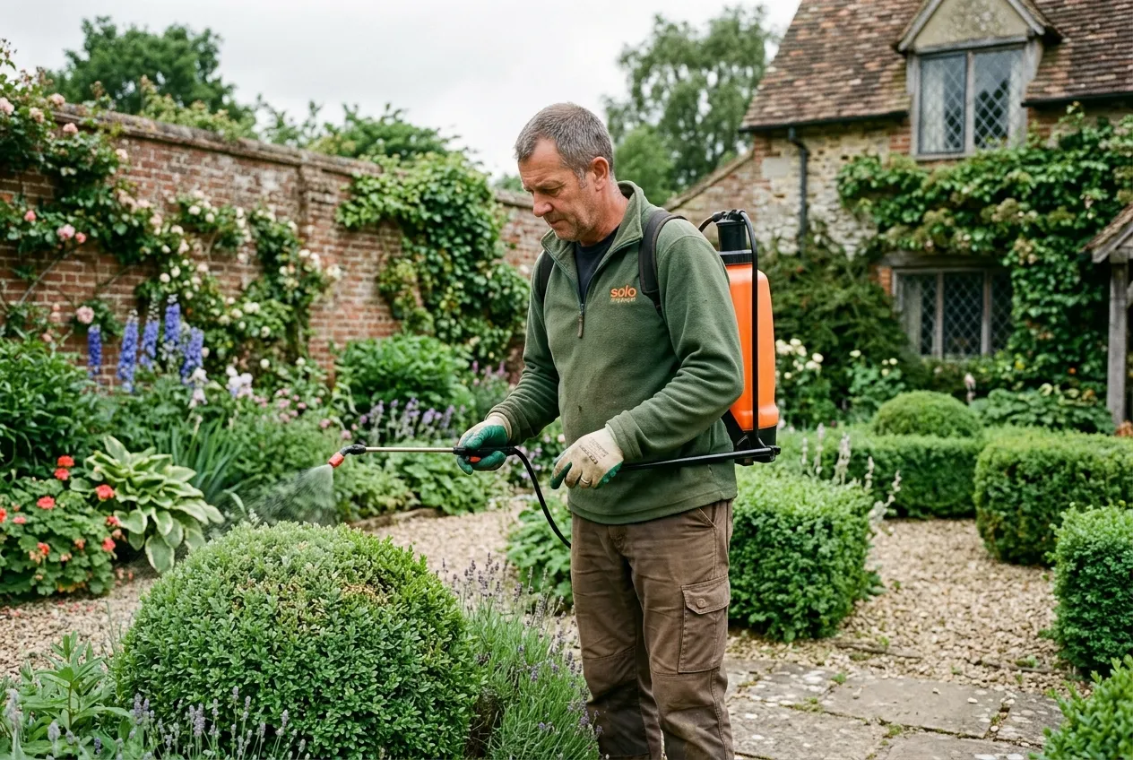 Gardener applying biological spray treatment to a box hedge for box tree moth control in a UK garden