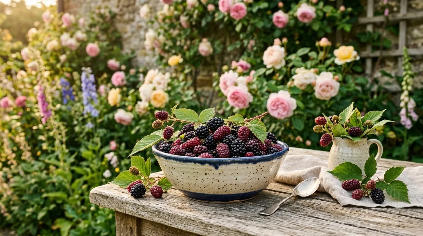 Freshly picked boysenberries and loganberries in a ceramic bowl on a garden table