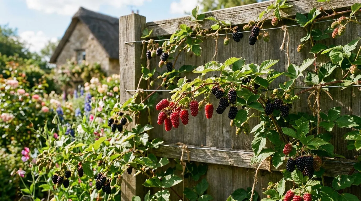 Boysenberry and loganberry fruits growing on trained wires in a UK cottage garden
