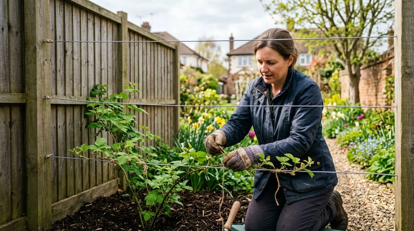Boysenberry canes trained on horizontal wires against a garden fence with fresh spring growth