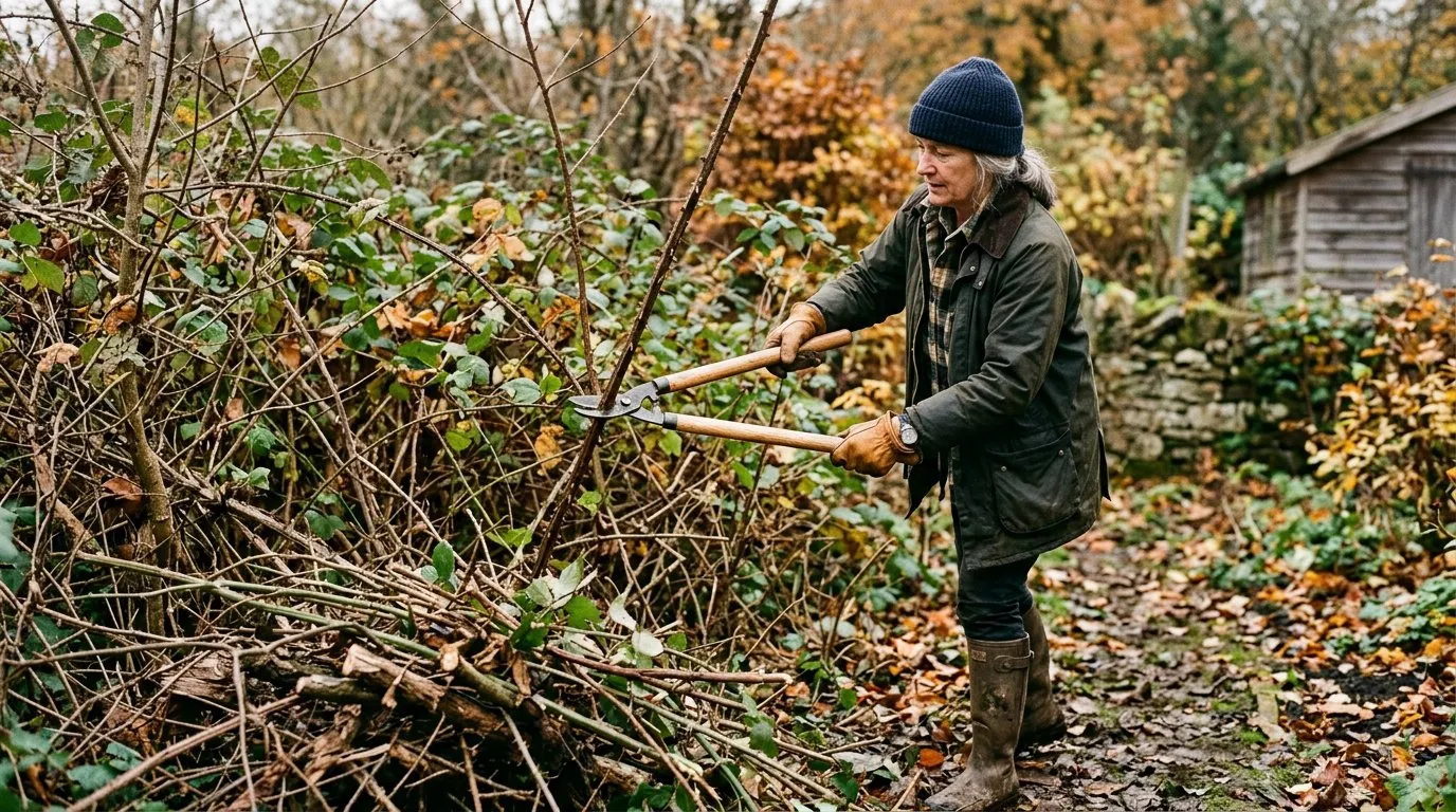 Gardener cutting back thick bramble stems with long-handled loppers in a UK garden