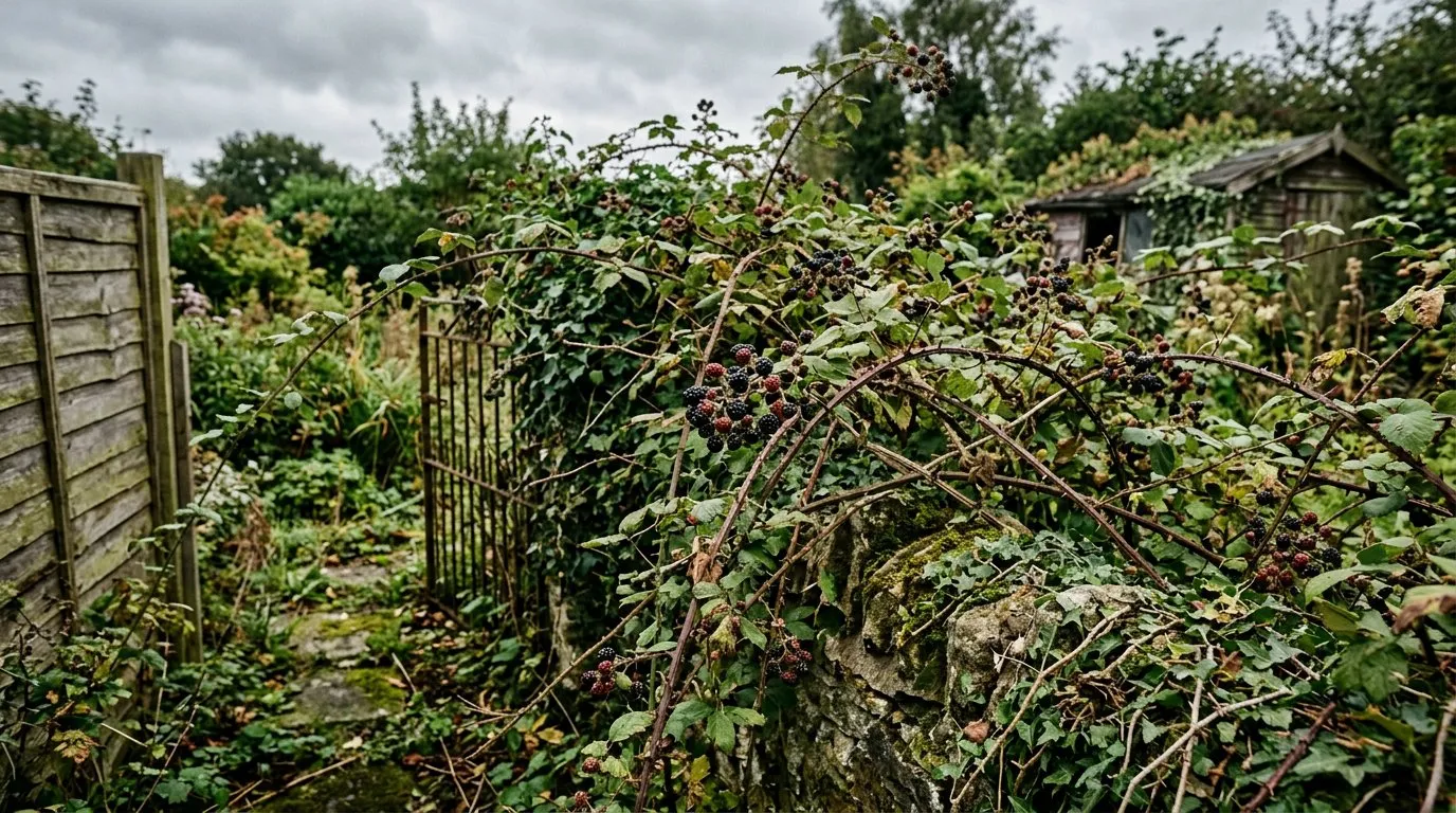 Overgrown brambles with thorny stems taking over a neglected corner of a UK garden