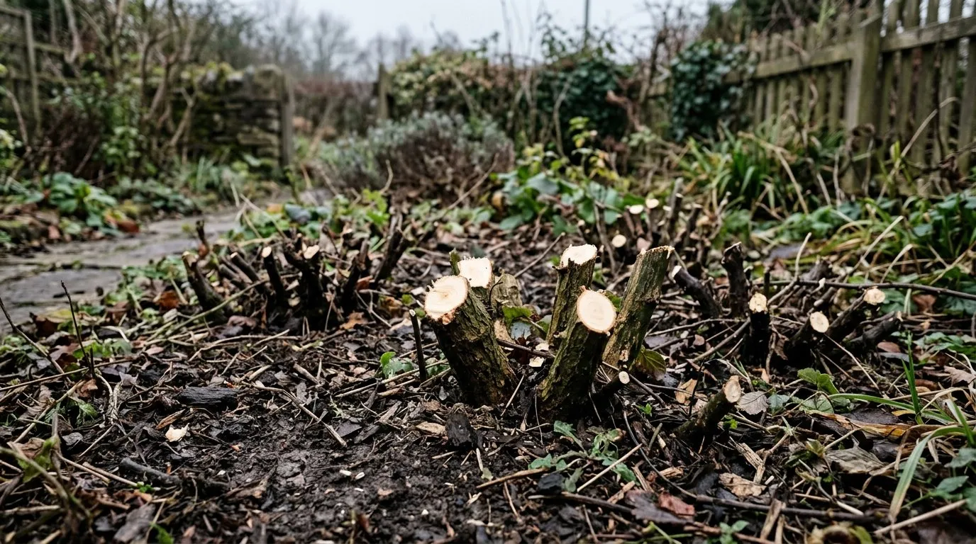 Cut bramble stumps at ground level after clearance in a UK garden