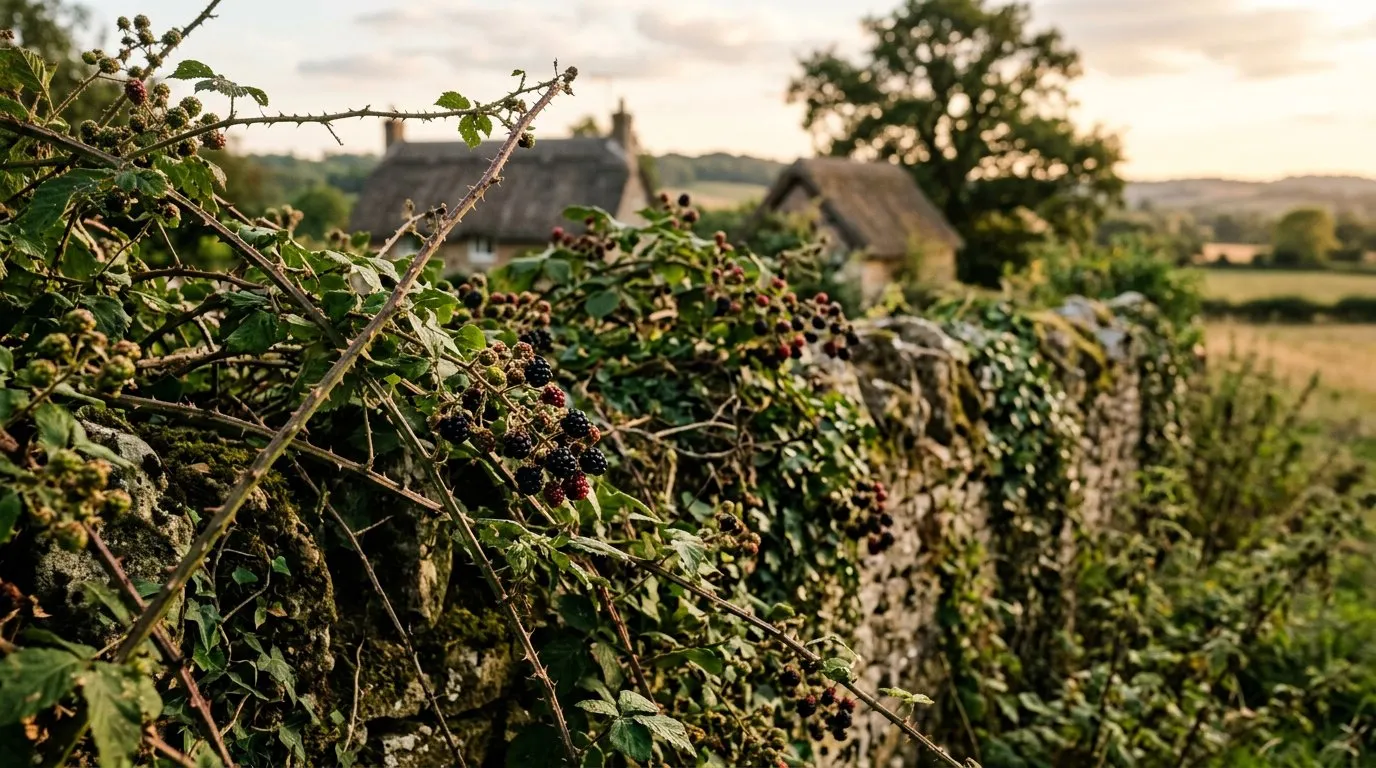 Thick bramble canes with thorny arching stems and green leaves taking over a neglected UK garden corner