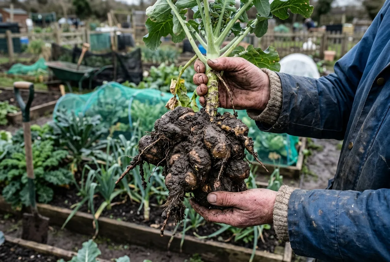 Brassica diseases UK clubroot showing swollen distorted roots on a cabbage plant pulled from heavy clay soil