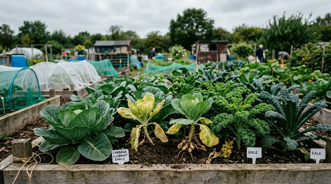 Brassica diseases UK identification showing cabbage and kale plants in a UK allotment with early disease symptoms