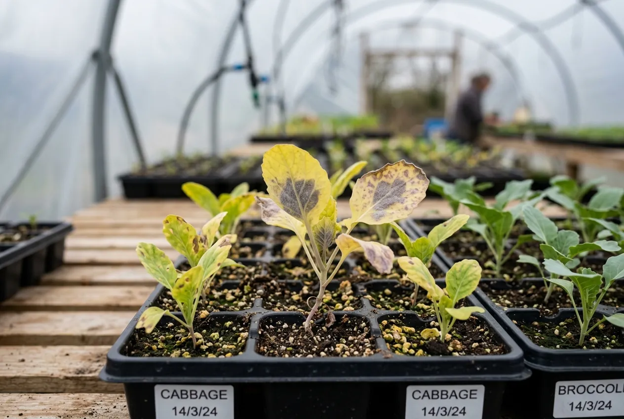 Brassica diseases UK downy mildew on young seedlings showing yellowing leaves with grey-purple patches in a polytunnel