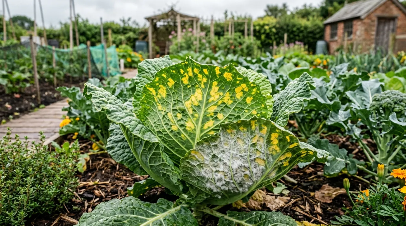 Brassica downy mildew yellow patches on cabbage leaves in a UK vegetable garden