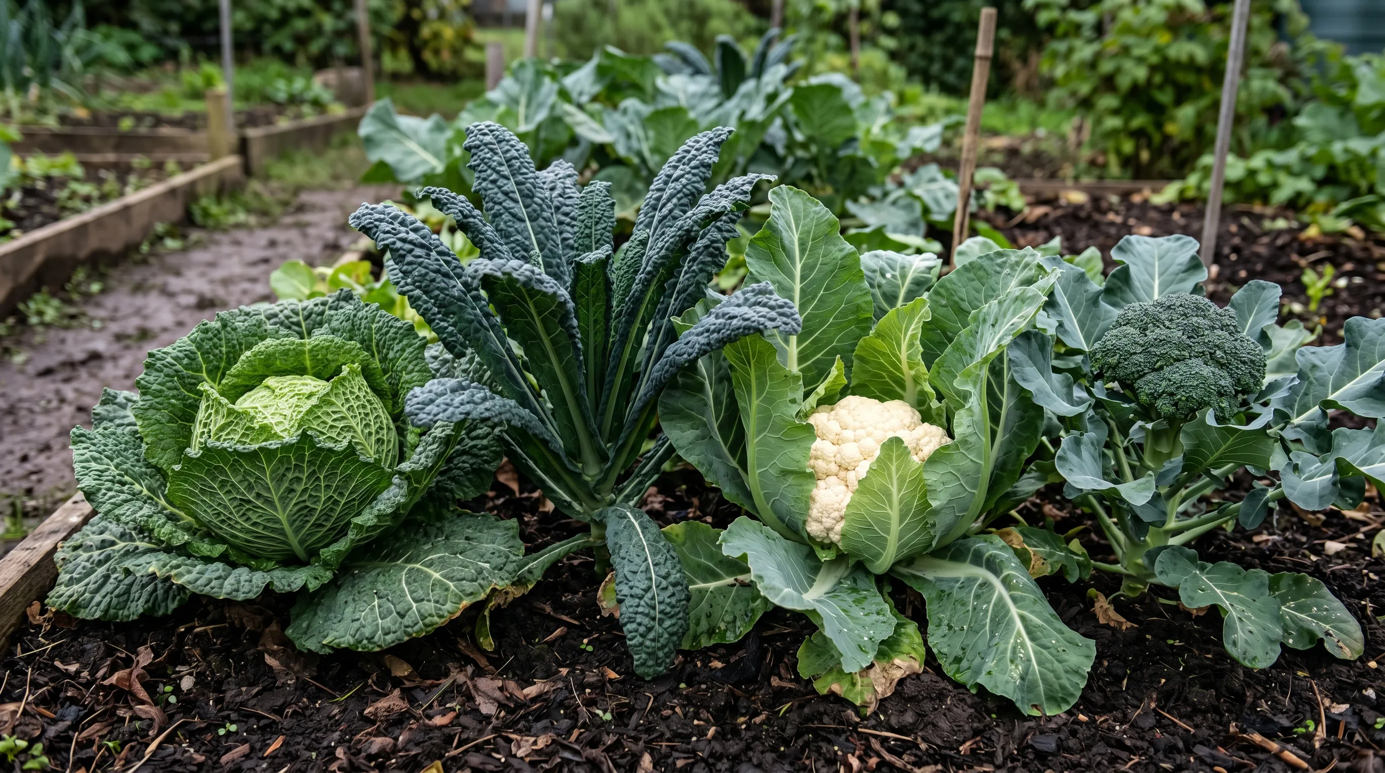 UK kitchen garden bed showing the brassica family side-by-side - savoy cabbage, dark cavolo nero kale, white-headed cauliflower, and broccoli plants