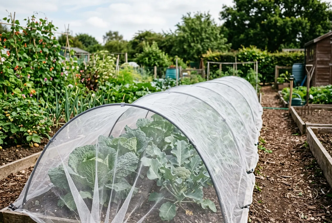 Fine mesh butterfly netting protecting brassica plants on a UK allotment