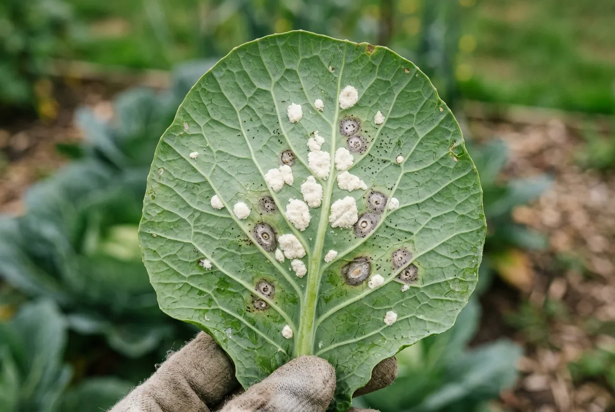Brassica diseases UK white blister showing raised white pustules on underside of cabbage leaf with yellow patches above