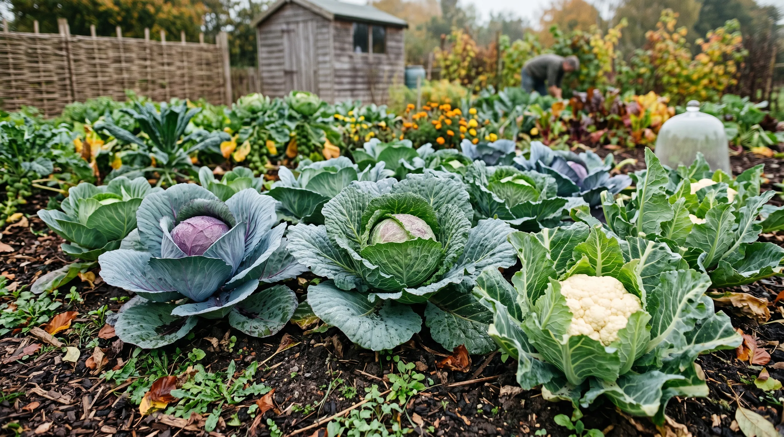 Mature UK brassica plants in early autumn with cabbages forming tight hearts and cauliflowers developing curds as shortening day length triggers head formation