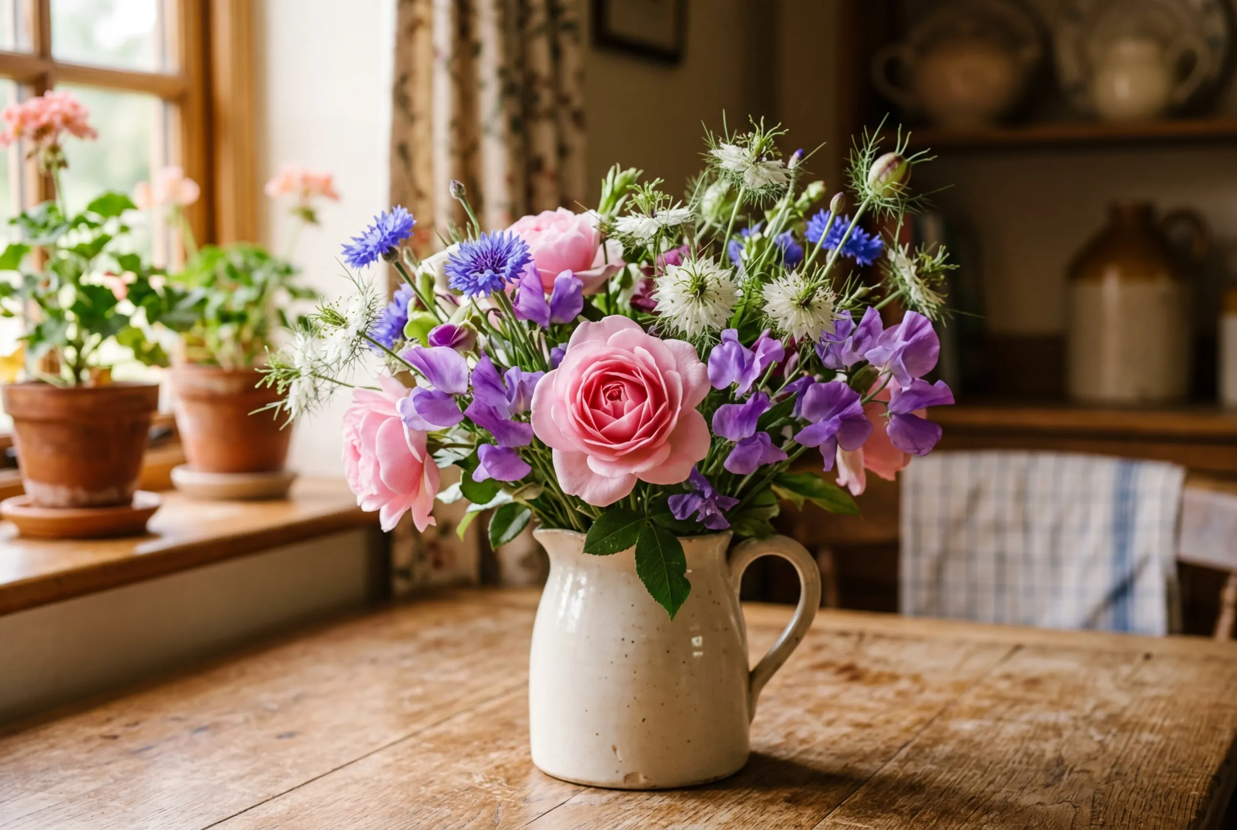 A mixed bouquet of British-grown cut flowers for cutting in a ceramic jug on a kitchen table